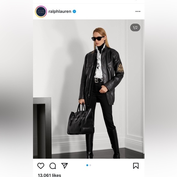 Ralph Lauren Collection Cadena Logo-Patch Belted Leather Moto Jacket - Picture 7 of 16